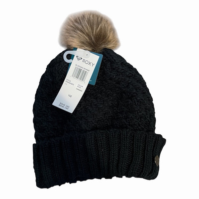 ROXY Blizzard Beanie Women s Solid Black Knit Hat Faux Fur Pom-Pom One Size