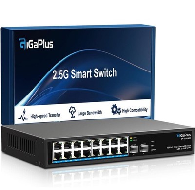 Gigaplus 18 Port 2.5Gb Unmanaged Ethernet Switch 16 2.5G Base-T Ports 2 10G SFP