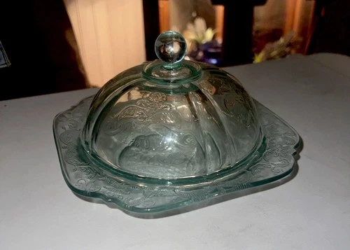 Vintage Federal Glass Aqua Blue Madrid Pattern Butter Dish with Lid Excellent