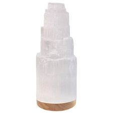 Selenite Crystal Lamp 20 Cm, LED Night Light Hand Curved Wooden Base W/Light Mor