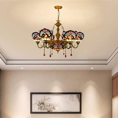 Tiffany Chandelier Pendant Light 7 Heads Dome Shade Glass Hanging Ceiling Lamp - Picture 14 of 14