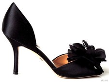 BADGLEY MISCHKA black satin 6 open-toe D'Orsay FLOWER shoes heels dressy new