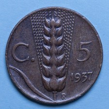 VITTORIO EMANUELE III 5 CENTESIMI 1937 SPIGA RARA QBB RAME REGNO ITALIA MONETA