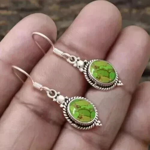 Pendiente hecho a mano de plata de ley 925 con piedras preciosas turquesa cobre verde S08 Foto 2 de 3