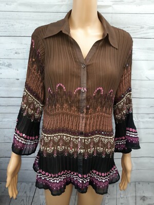 Avenue French Crinkle Pleated Button Blouse 14/16 Brown Sequins pink floral