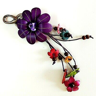 New Purple Flower Genuine Leather Handmade Charm Purse Floral Keychain KeyRing 