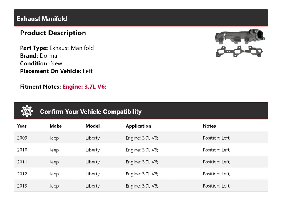 Левый выпускной коллектор для Jeep Liberty 3,7 л V6 Dorman 2009-2013 годов выпуска 2010 2011 2012 годов выпуска - Изображение 2 из 4