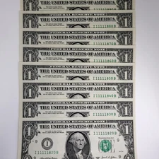 Five In A Row Leading 1s 10s Sequence One Dollar Bill Lot of 8 Crisp #BY10AS