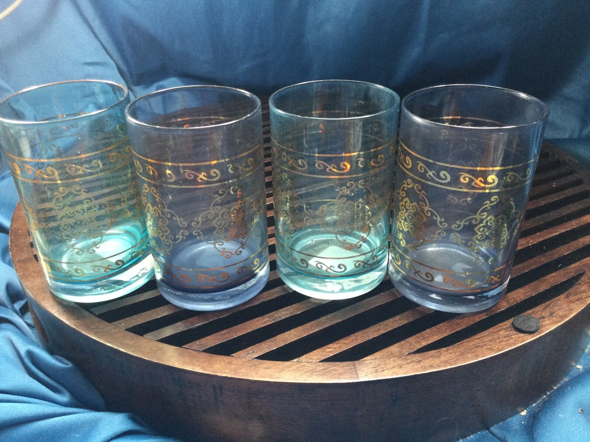 4 Rare WORLD MARKET Juice Glass Glasses blue aqua Gold string NEW