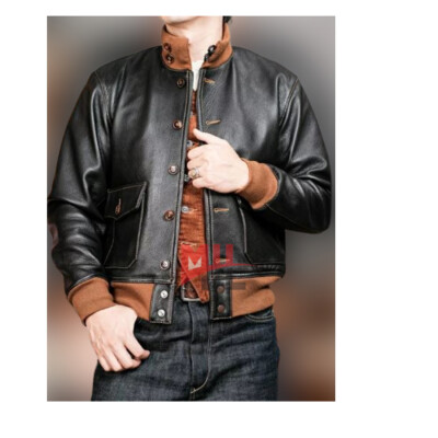 Handmade Men's Black With Brown Rubber Collar Button Style Pure Leather Jacket