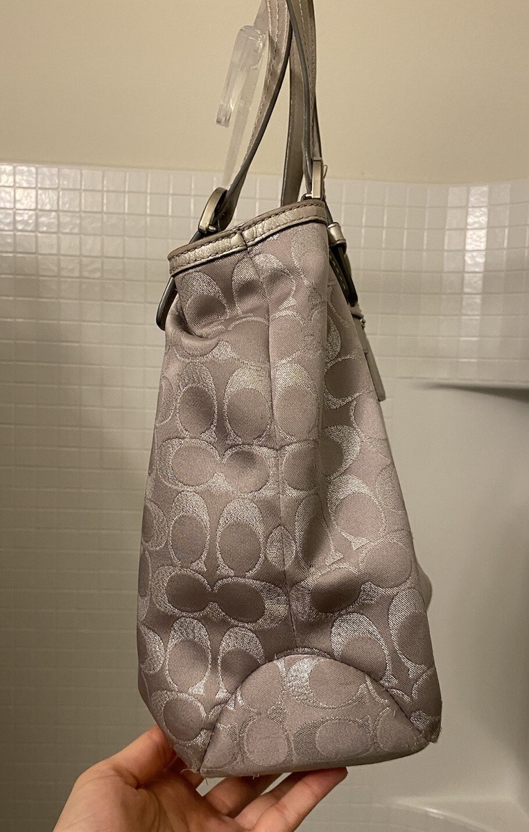 Coach Signature Soho Tote Shoulder Handbag Metallic Silver Purse 3