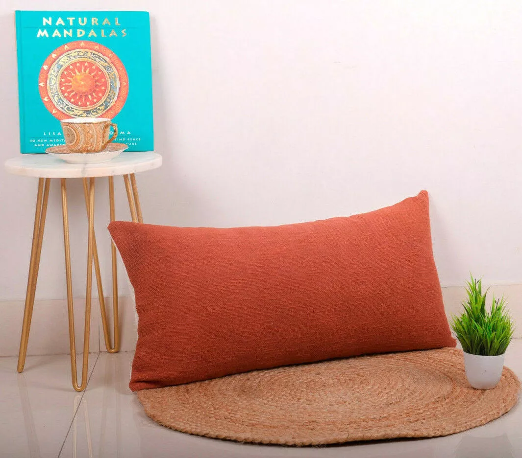 Solid Cotton Rust Lumbar Pillow Cover Handloom Mudcloth Throw 12X24