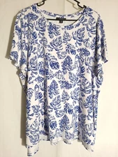 Alfani-White Blue Floral Leaves Short Sleeve Knit Top Tshirt Tunic-3X