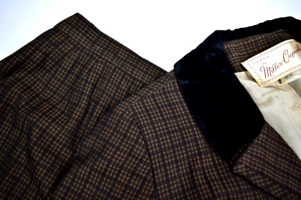 Vintage Plaid Skirt Suit W24" Size XS/S 40s Brown Bronze Cotton Velvet Collar - Image 3 of 4