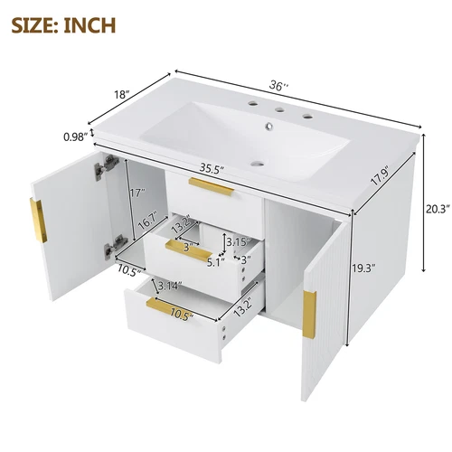 36" Wall Mounted Bathroom Vanity w/Sink, Floating Vanity Cabinet 2 Drawers Doors