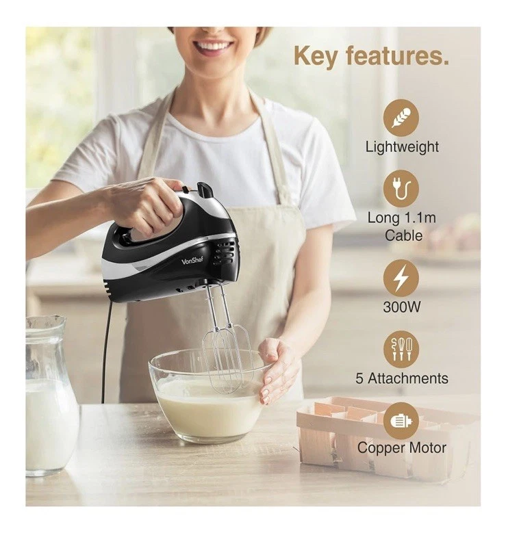 Batidor eléctrico batidor de mano - VonShef batidor de alimentos negro para hornear, 5 velocidades - 300 W Foto 3 de 4