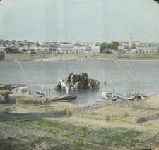 Antique Magic Lantern Slide Aswan Elephantine Island Egypt Boats Colored Early