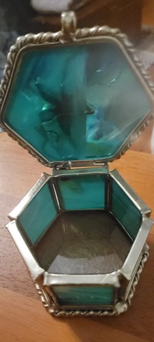 Turquoise Stained Glass Trinket Jewelry Box w/ Flower * 3.5"x2.5" - Picture 2 of 6