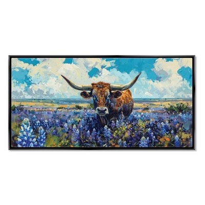 Texas Longhorn Wall Art Rustic Bluebonnet Flowers Extra Large Canvas