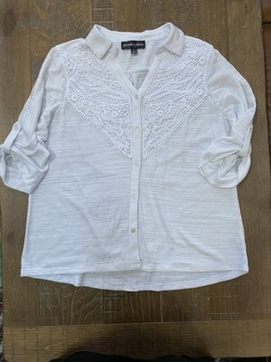 Thomas & Olivia White Crochet Lace Button Up Blouse Roll-Tab Sleeves Women's L
