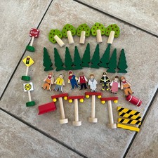 Lot of 35 Wooden Railway Train Accessories People, Trees, Signs, Figures