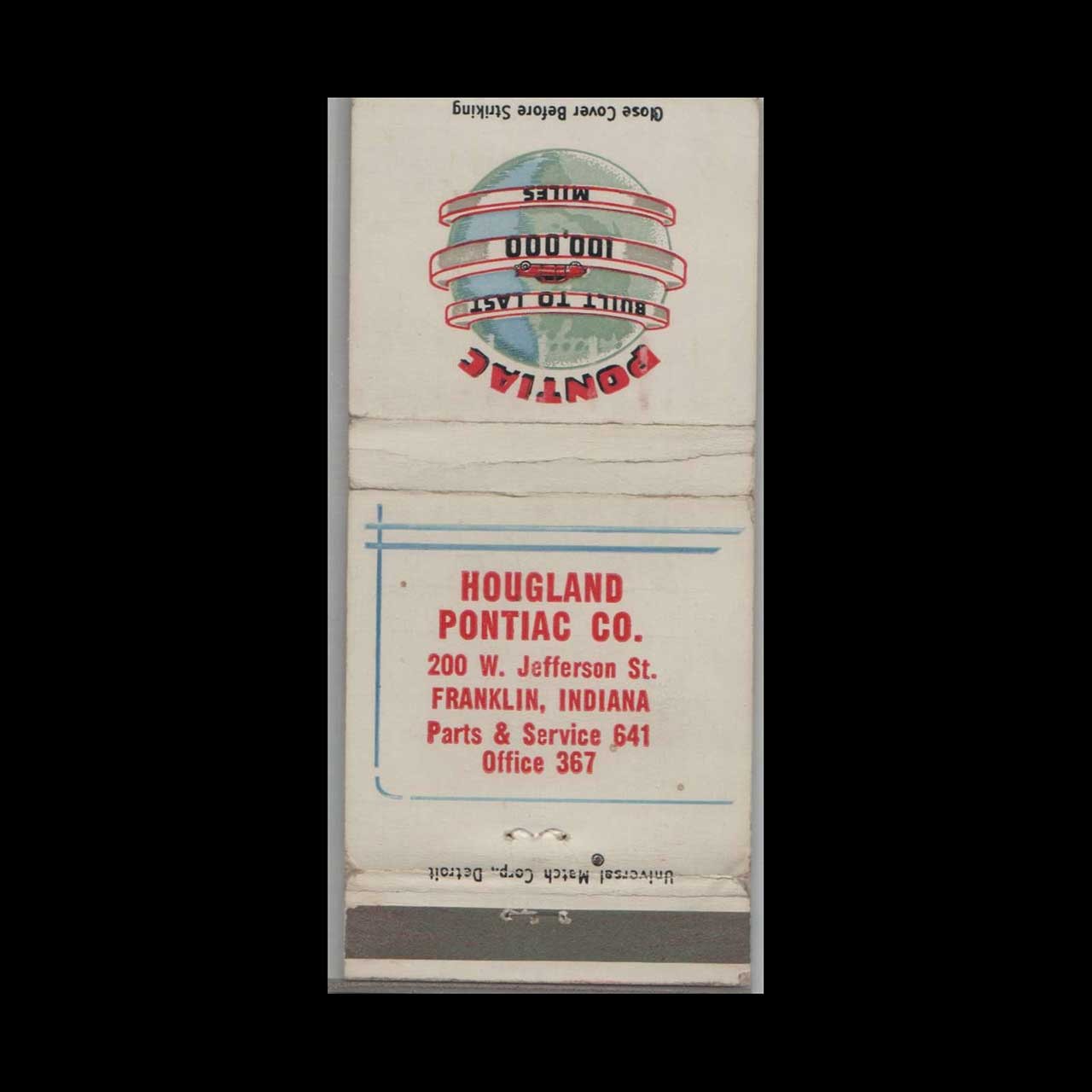 Matchbook Cover - 1952 Pontiac Dealer - Hougland Pontiac Franklin, IN