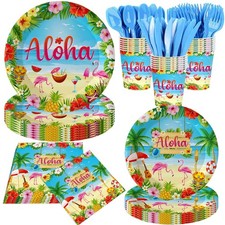 140 PCS Hawaiian Aloha Luau Tropical Party Tableware Set Plates Napkins