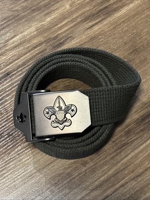 BSA Boy Scouts Green Web Belt w/ Fleur-de-Lis Buckle Length 52  3XL EXC COND
