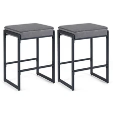 26” Bar Stools Set of 2 w/Faux Leather Upholstered Seat, Metal Legs, Footrests