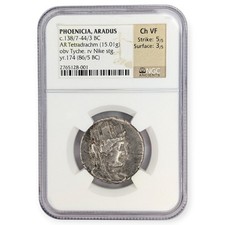 86/5 BC Phoenicia, Aradus AR Tetradrachm YR. 174 NGC CH VF Tyche Nike Coin 