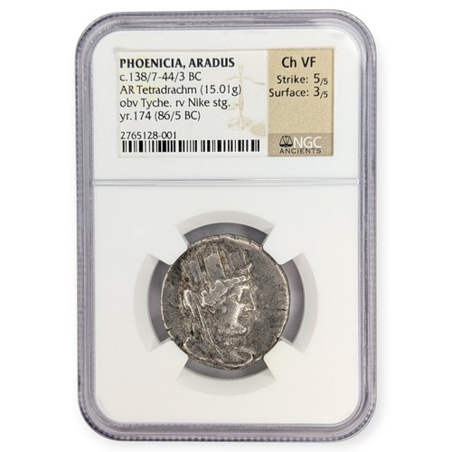 86/5 BC Phoenicia, Aradus AR Tetradrachm YR. 174 NGC CH VF Tyche Nike Coin