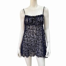 Vintage Y2K Victoria  s Secret Flocked Sheer Blue Babydoll Chemise/Slip, Medium