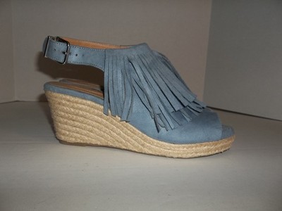 Womens Size 8W ComfortView Blue Faux Suede Slingback Peeptoe Fringe Wedge Sandal