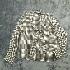 Banana Republic Blouse Women XL Gray White 100 Silk Tie Neck Y2K Sheer