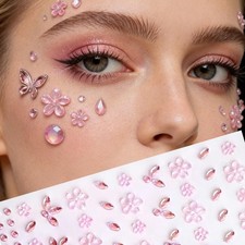 Pink Flower Face Gems Stickers - 2 Sheets Self-Adhesive Rhinestone Face Jewel...