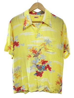 SUN SURF Aloha Shirt, Open Collar, Bird Print, M, Rayon, YLW, All-Over Pattern