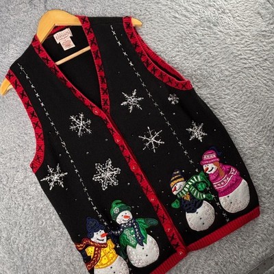 Basic Editions Holiday 1X Ugly Christmas Sweater Vest Snowman Snowflake Black