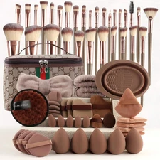 67-Piece 30 Cosmetic Brushes & Sponges in Brown, Full Face Foundation Eyeshadow