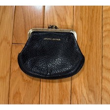 Vintage Black Genuine Leather Kiss Lock Coin Purse Gold Tone Double Compartment