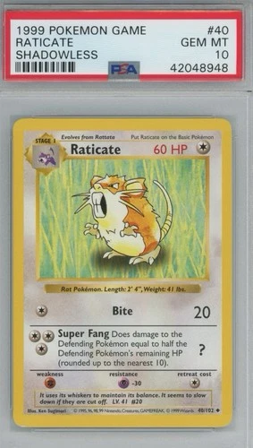 1999 Pokémon Base Set Shadowless – Raticate #40 – PSA 10 GEM MINT