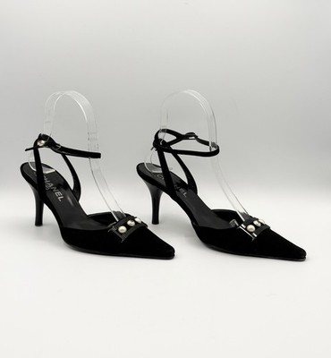 Chanel Black Suede Pointed Toe Heels Pearl CC Embellished Strappy Mule EU 35.5