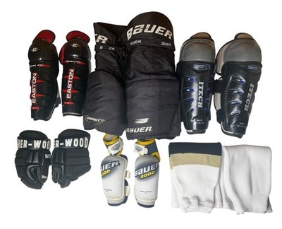 Bauer Easton Youth Jr Hockey Equipment Lot Gloves 2 Shin Guards Elbow Pads Pants