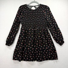 American Eagle Mini Dress Womens Medium Black Floral Smocked Bodice Keyhole Back