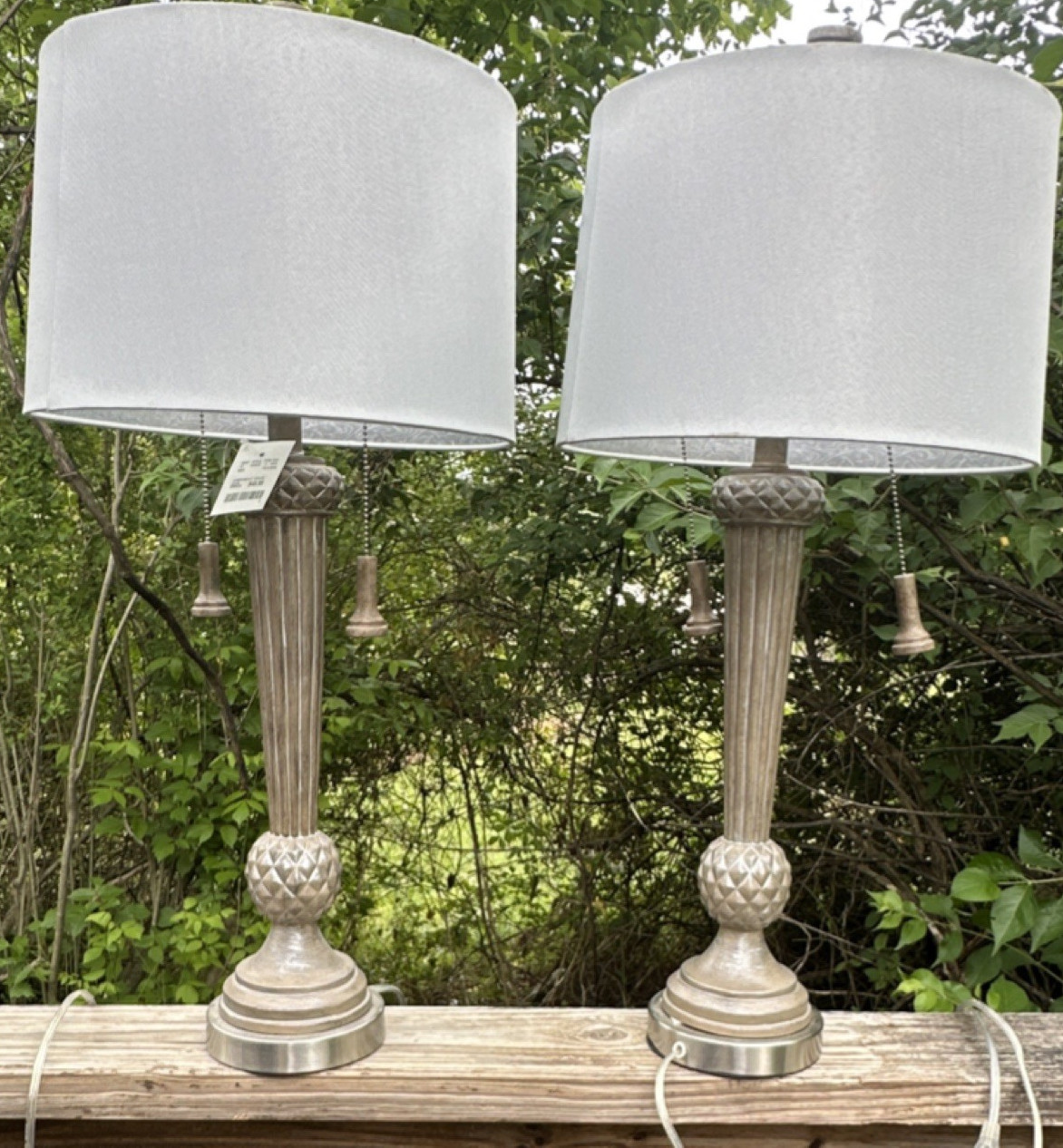 Set of 2 Silver Table Lamps, White Drum Shades Included, Pull Chain, Corded