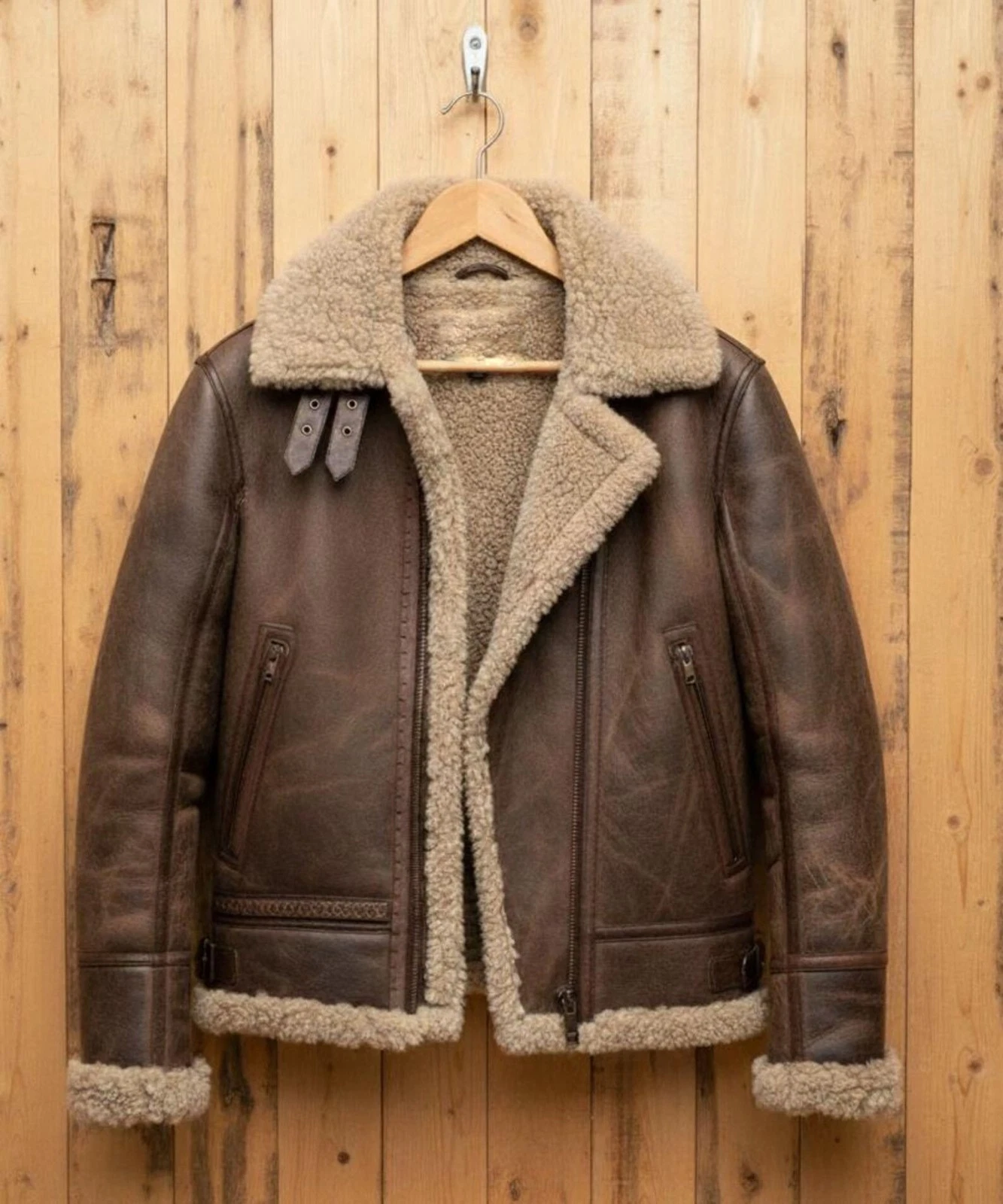 Men's Brown Leather Bomber Jacket 100% Real Leather Tan Faux Fur Vintage Jacket