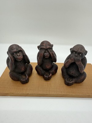 Vintage Red Resin 3 Wise Monkeys See Hear Speak No Evil 3  Tall