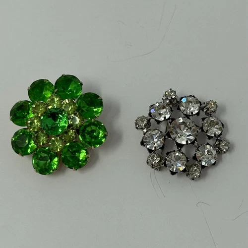 Lot 2 VTG Brooches Costume Jewelry Green Rhinestone Star Signed Clear Rhinestone