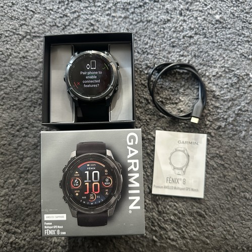 Garmin Fenix 8 AMOLED 51mm Black Titanium Multisport GPS Smartwatch Box Charger