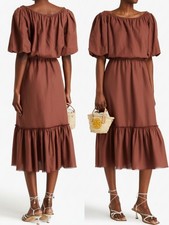 Tory Burch Off the Shoulder Beach Midi Dress Sz L Rust Brown Tiered Cottagecore