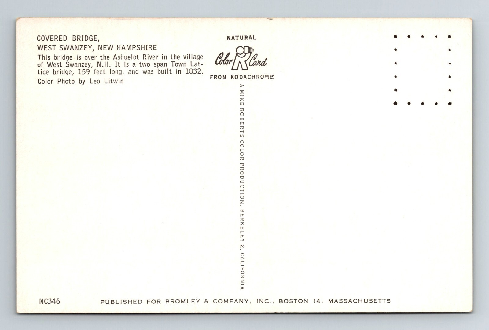 West Swanzey NHNew Hampshire, Scenic Covered Bridge, Vintage Postcard